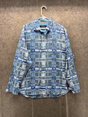 Tommy Bahama Shirt Mens Large Blue Plaid Long Sleeve Linen Button Up Casual